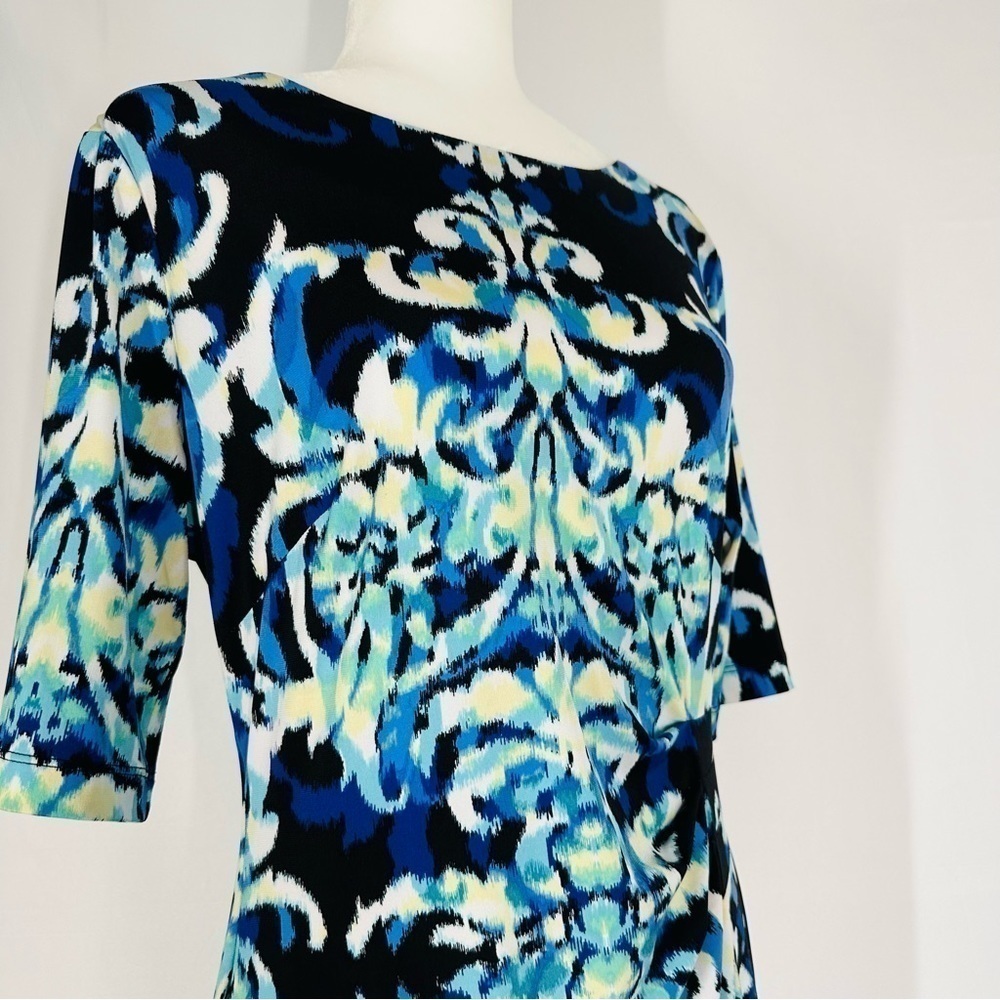 Connected Apparel Multicolor Round Neck Ruched Waist Stretch Sheath Dress Sz 12 - Picture 2 of 9